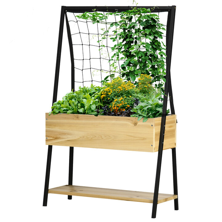 Outsunny Raised Garden Beds w/ Climbing Grid & Lower Shelf, Natural