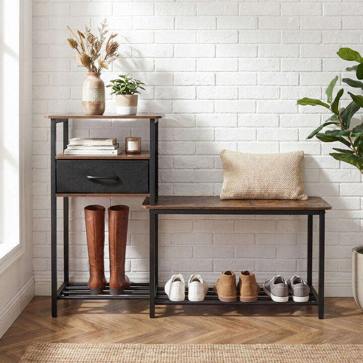 Modern Shoe Storage Rack Bench with Drawer and Metal Frame - Rustic Brown