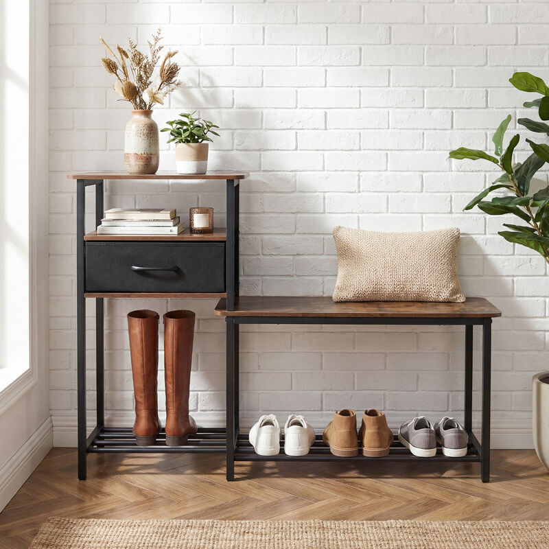 Modern Shoe Storage Rack Bench with Drawer and Metal Frame - Rustic Brown image number 1