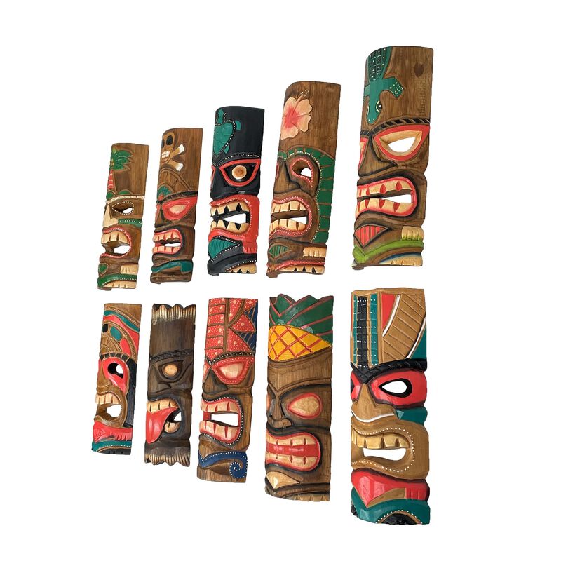 Set Of 10 Hand-Carved Tropical Island Style Tiki Masks Decorative Wall Hangings image number 4