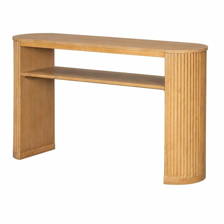 GOODSILO Rustic Farmhouse Console Table with Fluted Legs, Vintage Oval Hallway Accent Table with Ash Veneer Top and Open Shelf