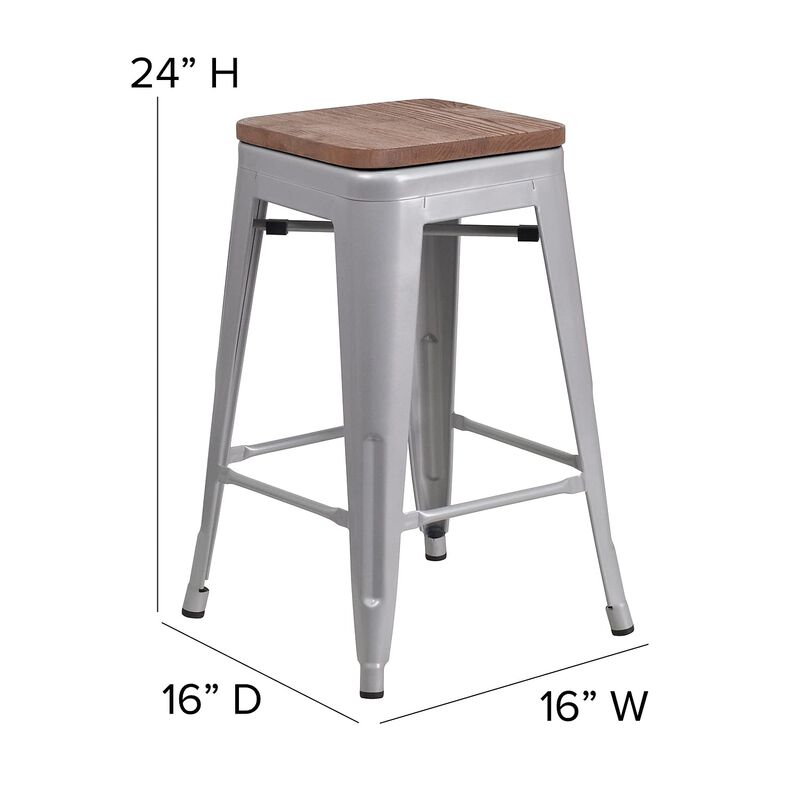 Flash Furniture Lily 24" High Backless Silver Metal Counter Height Stool with Square Wood Seat