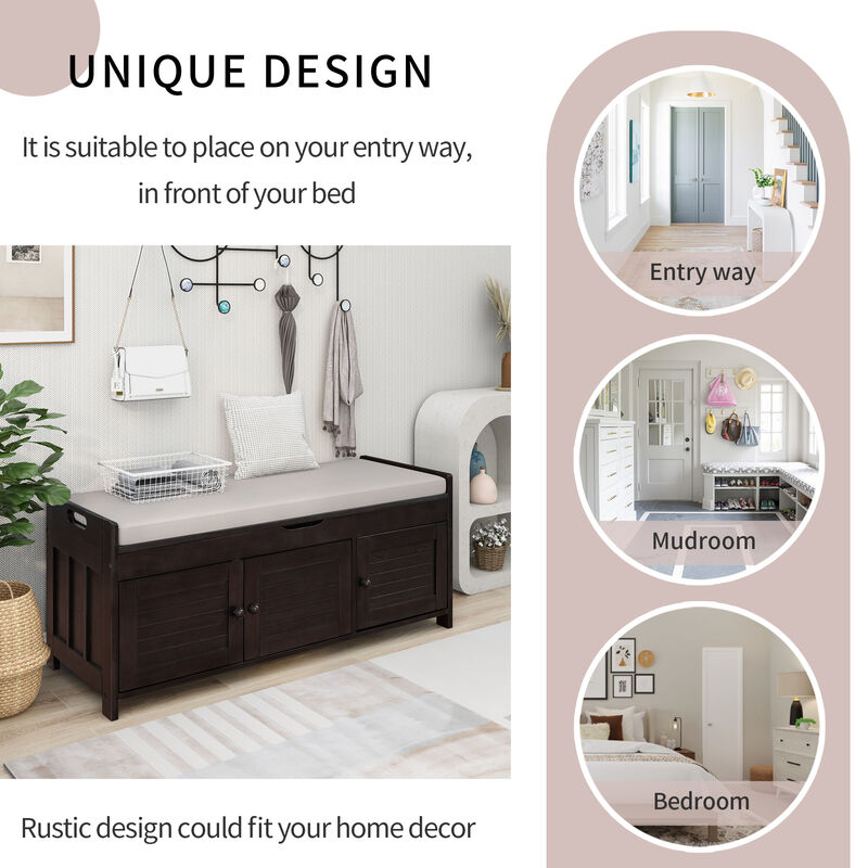 Whisen Storage Bench with 3-Shutter-shaped Doors and Removable Cushion - White