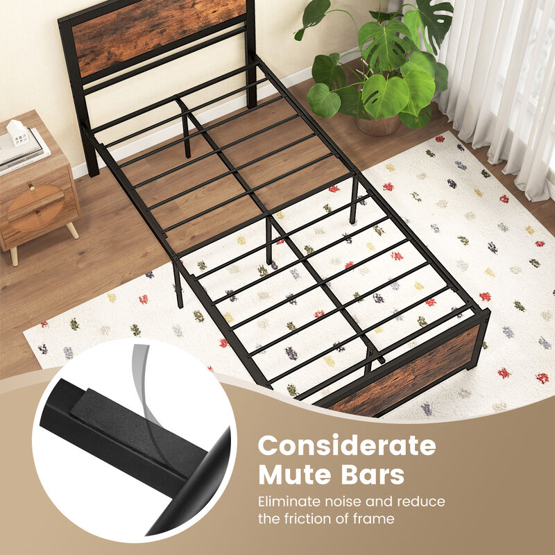 Metal Bed Frame with High Headboard and Mute Bars for Noise-Free Sleeping