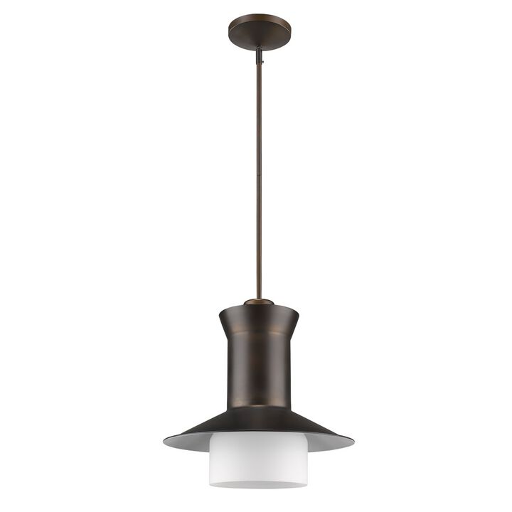 Hivvago Greta 1-Light Oil-Rubbed Bronze Pendant With Gloss White Interior And Etched Glass Shade