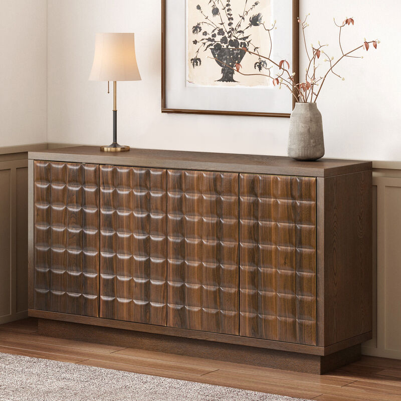 Whisen Modern 4-Door Storage Cabinet with 3D Geometric Doors & Metal Trim