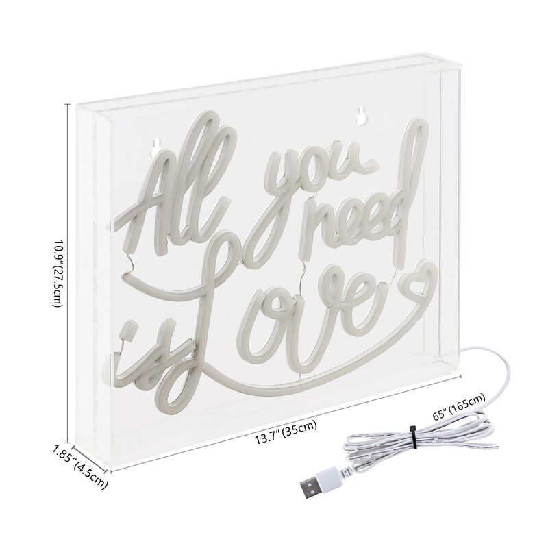 All You Need Is Love 13.7" X 10.9" Contemporary Glam Acrylic Box USB Operated LED Neon Light, Pink