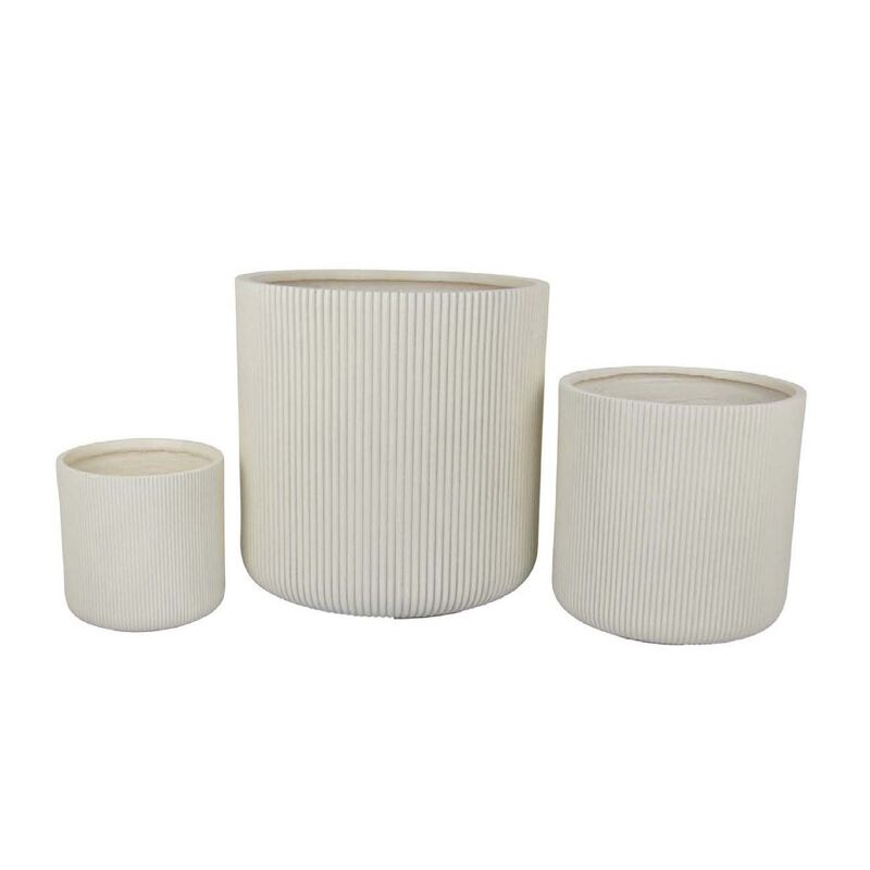 Elly Round Planter Set of 3, Vertical White Resin 18, 13, 9 Inch