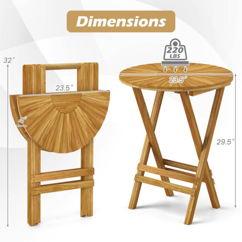 Hivvago Patio Folding Side Table Teak Wood Round End Table with Slatted Tabletop and X-Shaped Frame