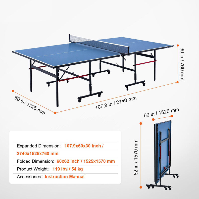Portable Ping Pong Table, Professional Indoor Table Tennis with Quick Clamp Net-Blue image number 2