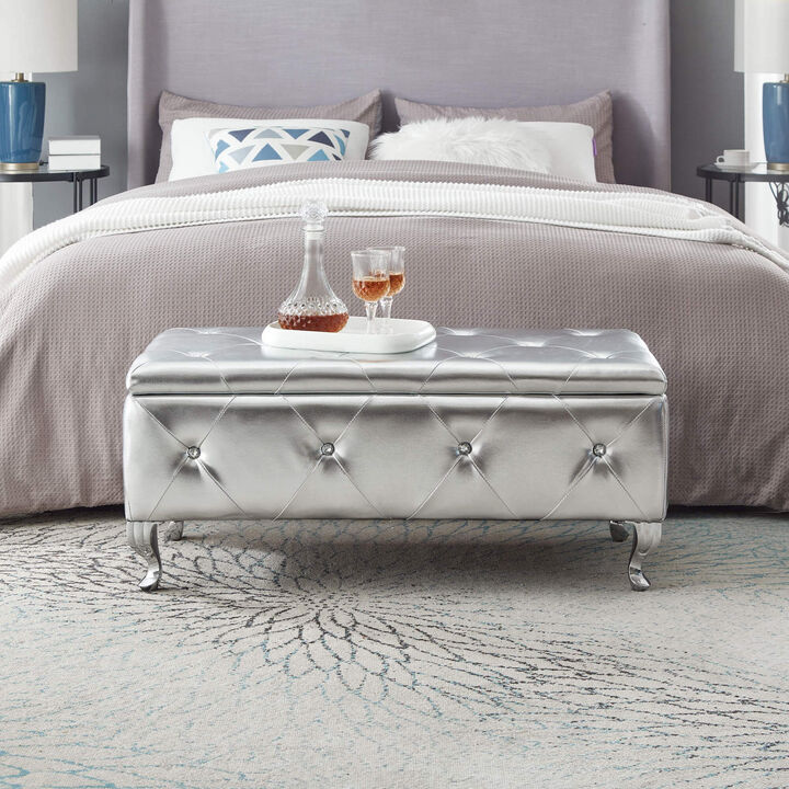 Streamdale Crystal Button Faux Leather Ottoman Bench - Silver