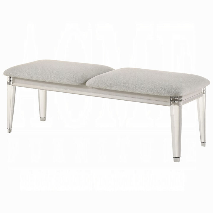 Veda Accent Bench, Light Gray Boucle, Pearl White Wood Finish, 54 Inch