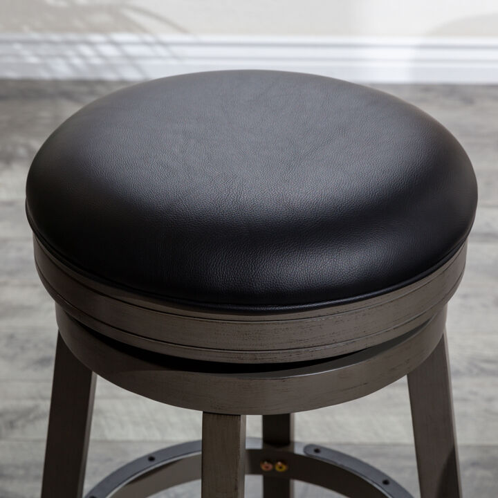 24" Counter Stool, Weathered Gray, Black Leather Seat