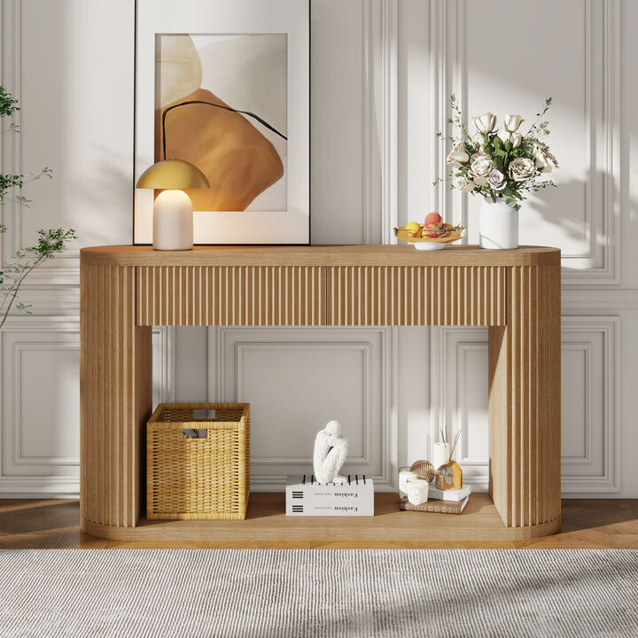Merax Oval Fluted Rubber Wood Console Table with 2 Drawers & Open Bottom Shelf