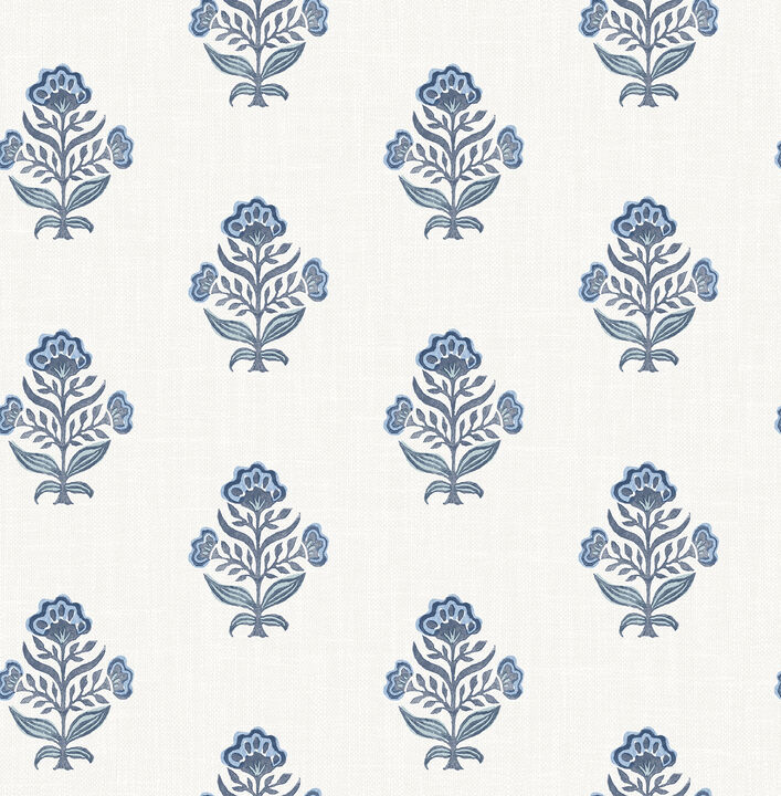 Hollyhock Blue Floral Crest Wallpaper