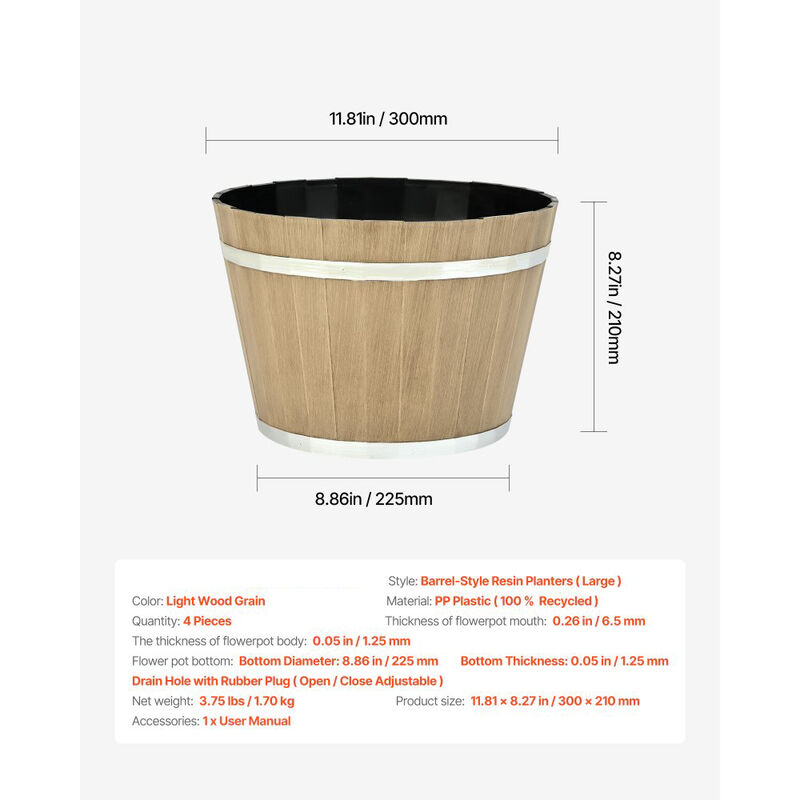 4 Pack Large Plastic Planters with Drainage, Whiskey Barrel Design Flower Pots-Brown image number 2