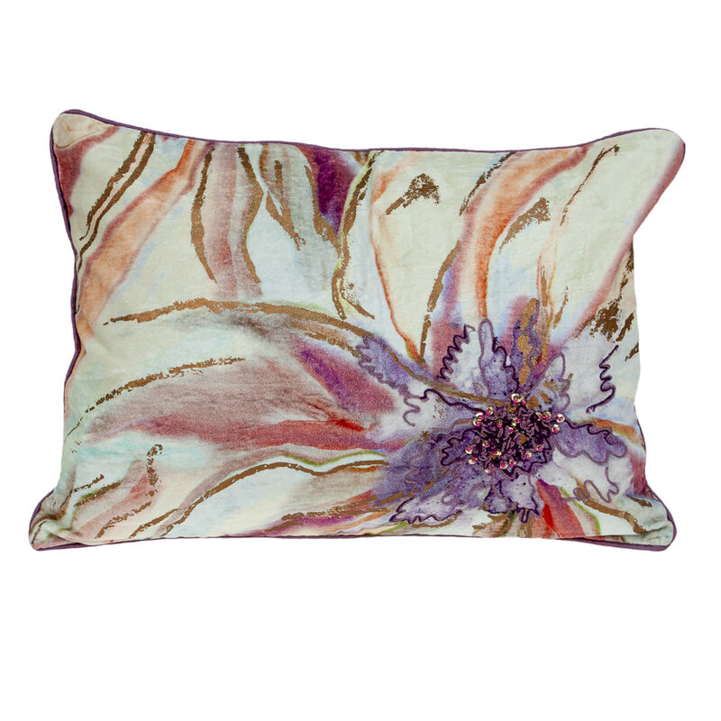HomeRoots 14" X 20" Pink and Purple Floral Cotton Throw Pillow With Sequins image number 0