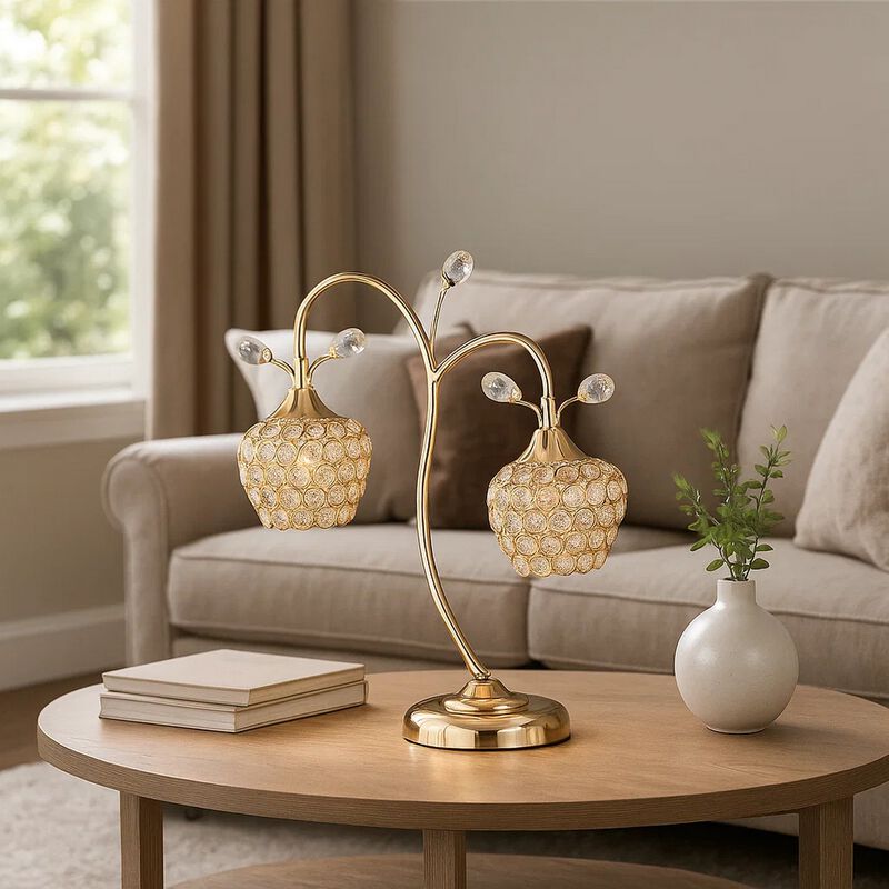 Floral Tree Design Metal Table Lamp with Dome Shade and Crystals, Gold - Benzara image number 5