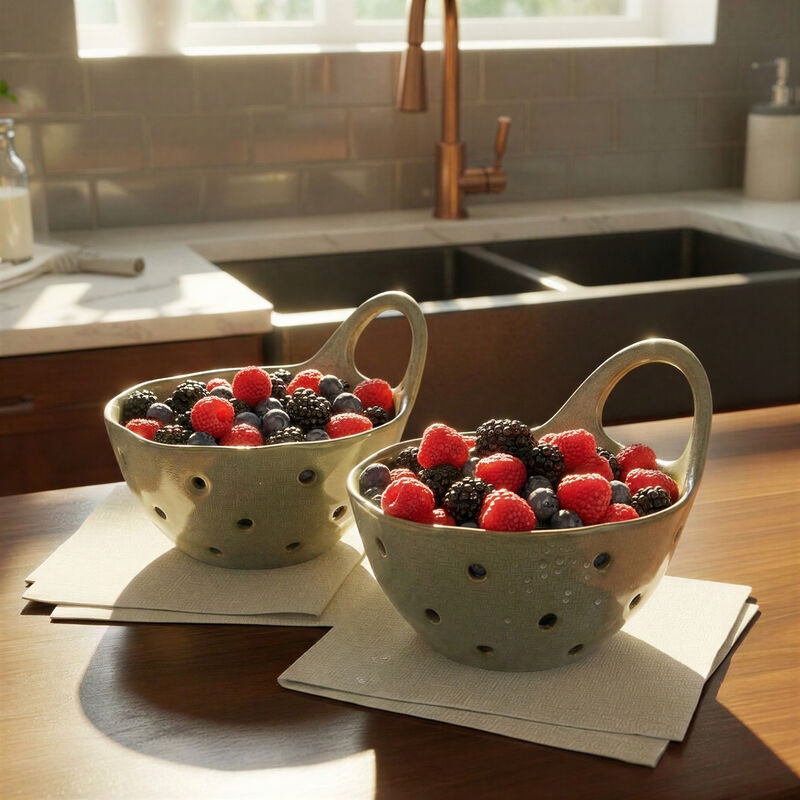 Reactive Glaze Stoneware Colanders, Green, Set of 2 image number 1