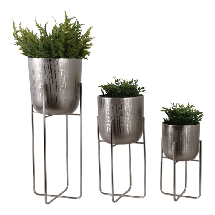 S/3 15/20/27" Etched Metal Planter On Stand, Silve
