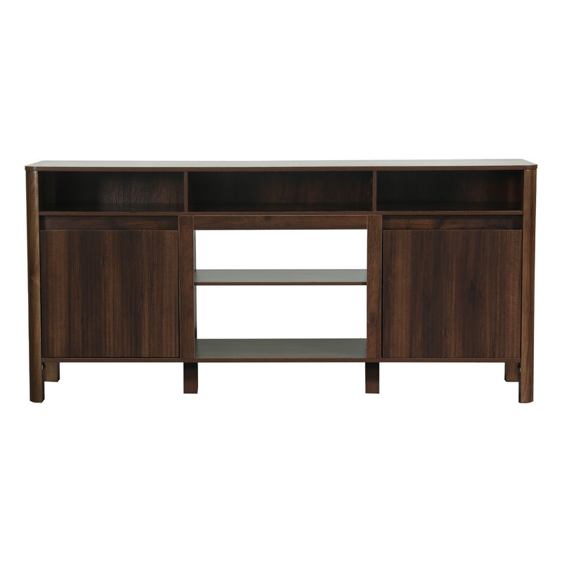 68" Dark Walnut Fluted Door Mid-Century Modern Wooden TV Stand Media Console Storage Cabinet with Open Shelves for TVs up to 75" image number 0