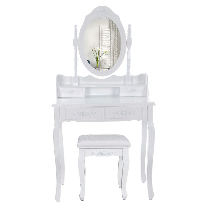 Ren 30 Inch 3 Piece Vanity Desk Set with Rotating Mirror and Matching Stool, 4 Drawers, Pure White Solid Wood-Benzara