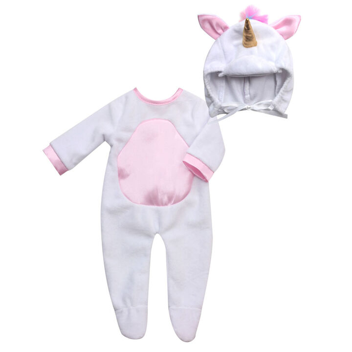 2-Piece Unicorn Costume with Rainbow Hair for 15" Baby Dolls, White