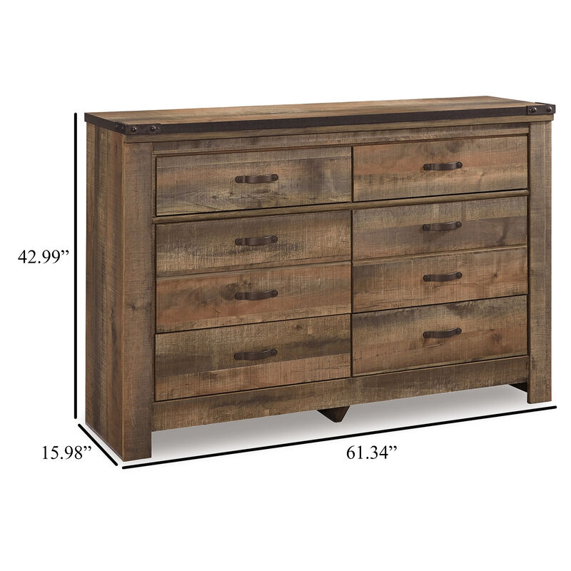 Zoey Wide Dresser, 6 Wide Storage Drawers, Rustic Brown Plank Details - Benzara