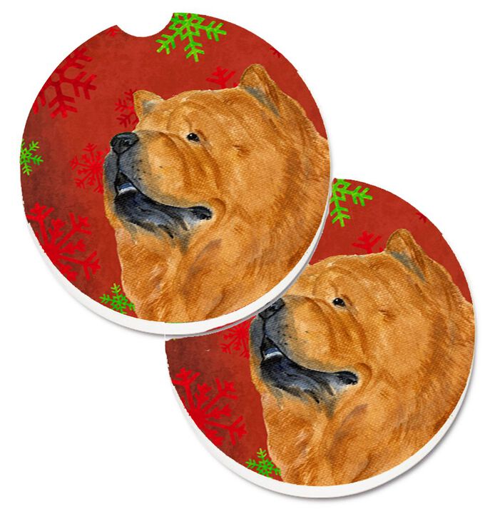 Caroline's Treasures Chow Red & green Snowflakes Holiday Christmas Set of 2 Cup Holder Car Coasters SS4709CARC, 2.56, Multicolor