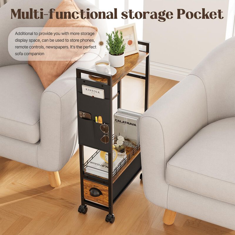 Oppro Small Side End Table with Drawer for Small Spaces, Narrow Slim Nightstand Bedside Sofa Table with Wheels, Space Saving Ski