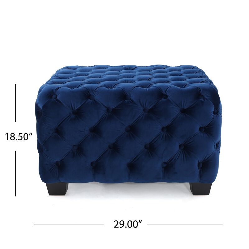 Ottoman, Modern Button Tufted, Navy Blue Velvet, 29 Inch Square Shape - Benzara
