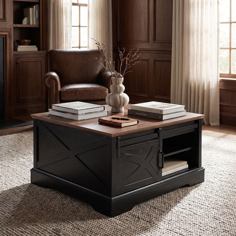 Modern 31.5" Black Dark Brown Wooden Farmhouse Square Coffee Table with Top Flip Cover and Sliding Barn Door Storage image number 3