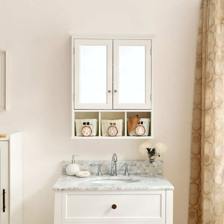 Streamdale White Wood Wall Cabinet with Mirrored Doors & Storage Baskets