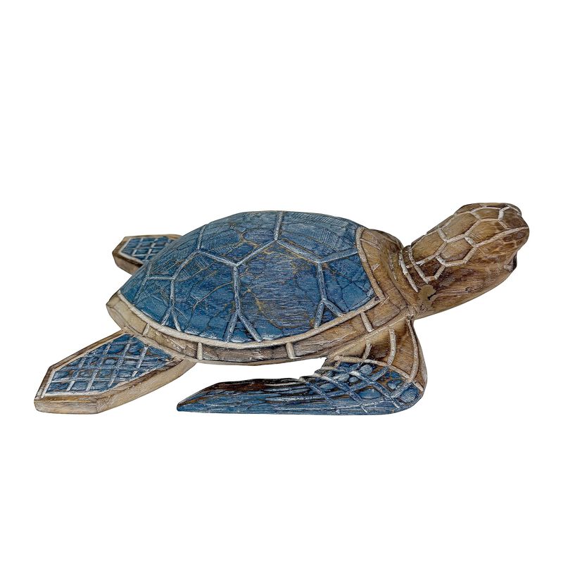 Sea Turtle Statue Hand Carved Wood Blue Coastal Decor 12in Tabletop Art image number 3