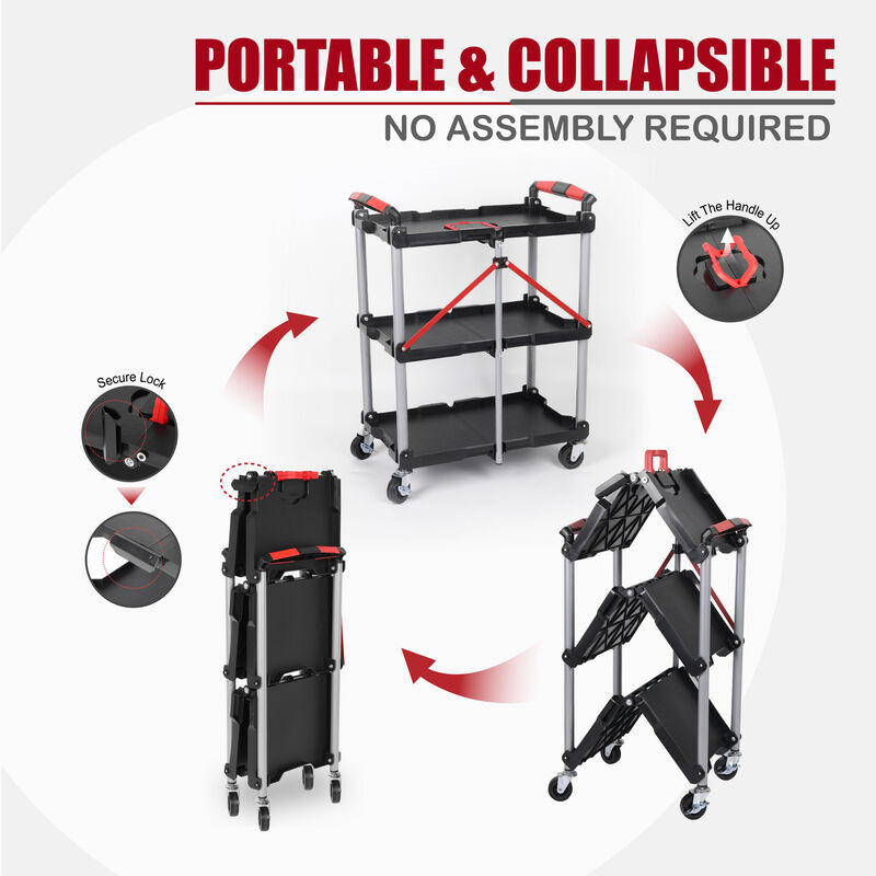 ELEMENT ACE Foldable 3-Shelf Heavy Duty Rolling Utility Cart with Swivel Wheels Ergonomic Handle Portable Transport Cart for Garage Office Home Warehouse Use image number 8