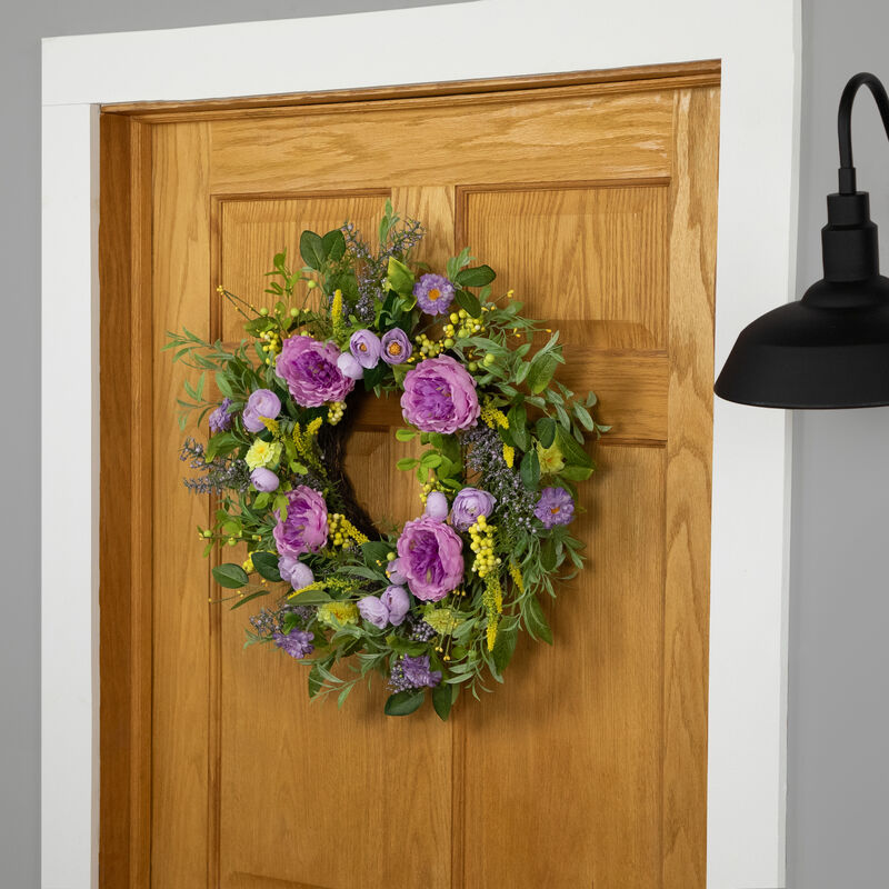 Peony Mixed Floral Springtime Wreath - 24" - Purple and Yellow