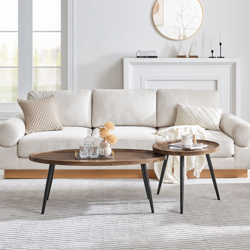 Paxton Nesting Raised Lip Edge 2 Piece Coffee Table Set with Modern Black Metal Taper Legs - Round and Oval