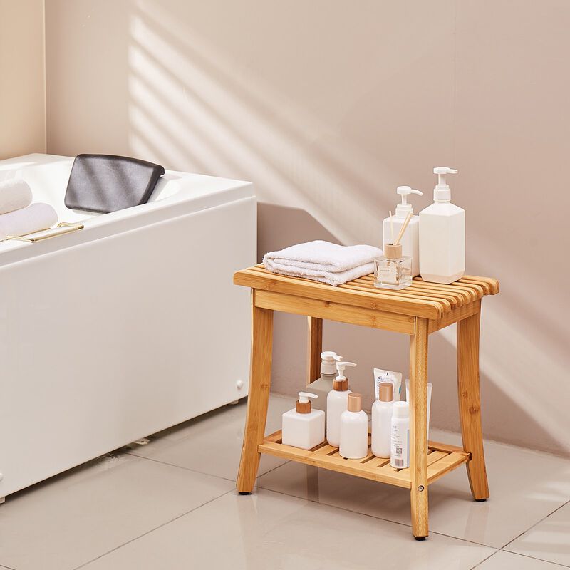 Wicker Shower Bench with Storage Shelf, Waterproof Bath Stool Chair for Adults image number 1