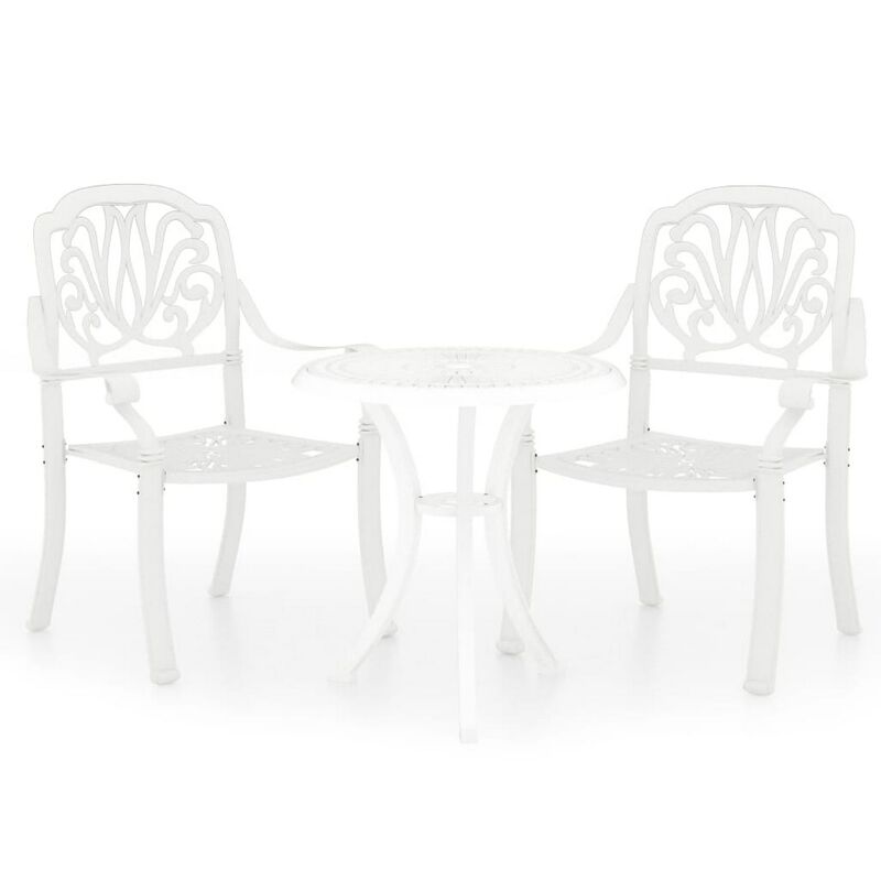 Kasa Outdoor 3pc Breakfast Bistro Set, 2 Chairs, 1 Table, White Metal - Benzara