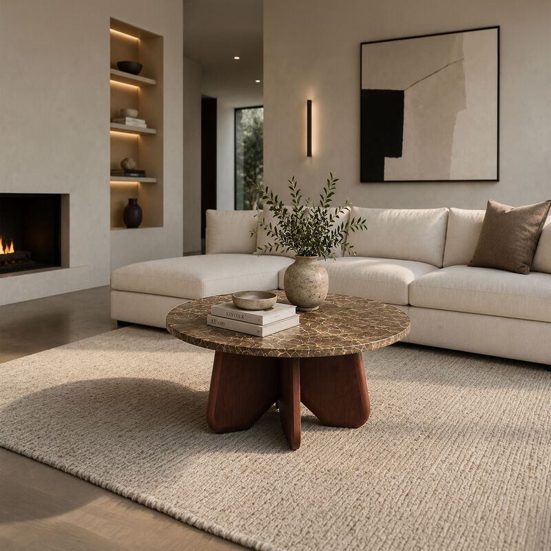 Zena 36 Inch Round Coffee Table, Spainish Emperador Marble Top, Brown Mango Wood Cross Legs image number 1