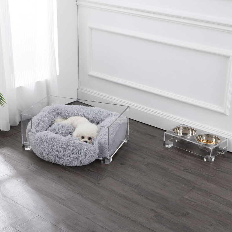 Billie Small Modern Lucite Calming Fluffy Pet Bed with Washable Cushion and Elevated Pet Feeder with 2-Stainless Steel Bowls (Set of 2)