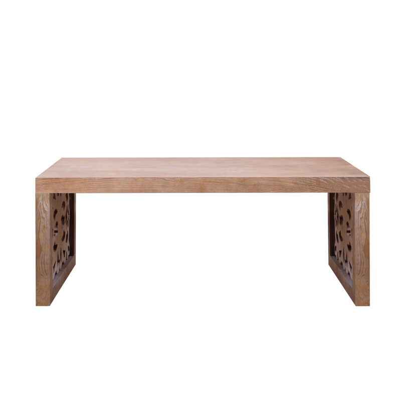 GOODSILO Rustic Carved Wood Coffee Table with Ornate Side Panels and Natural Finish image number 0