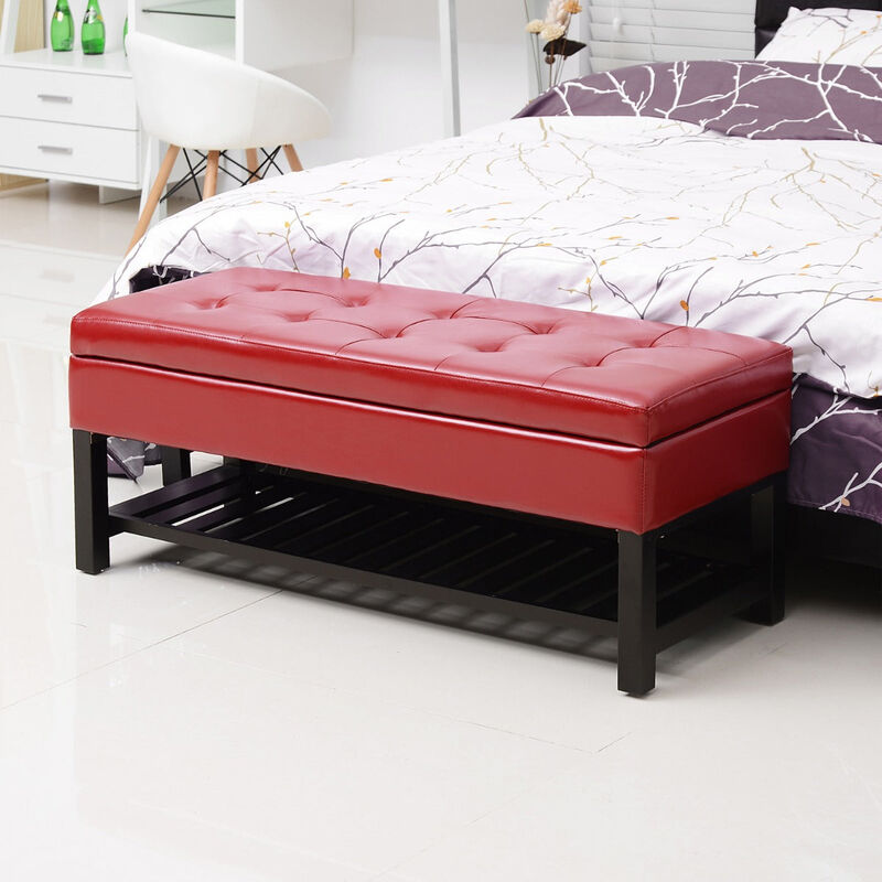Bold Storage Solution: 44" Crimson Faux Leather Tufted Ottoman Bench