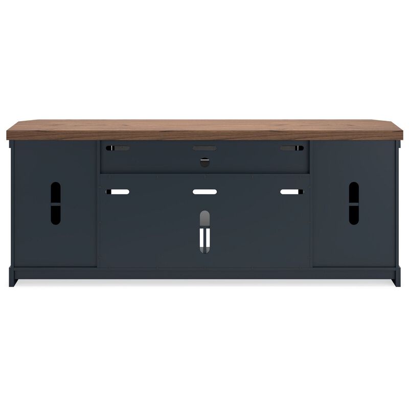 Docken TV Media Console, Open Fireplace Area, Blue Brown, 83 Inch - Benzara