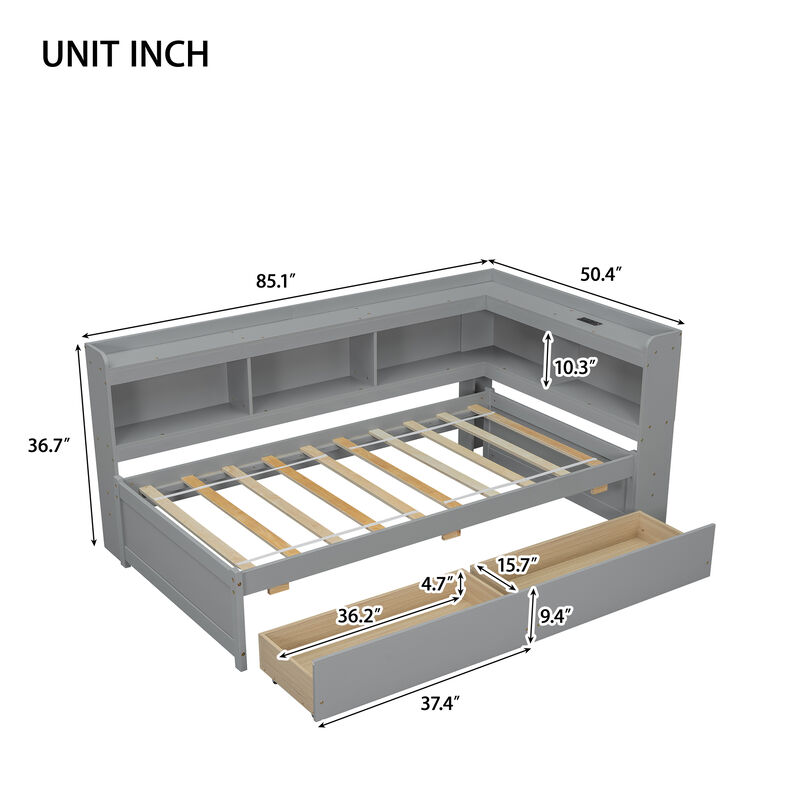 Whisen Twin Size L-shaped Bookcases Bed with Power Outlets, USB Charging Ports,Two Drawers-Grey