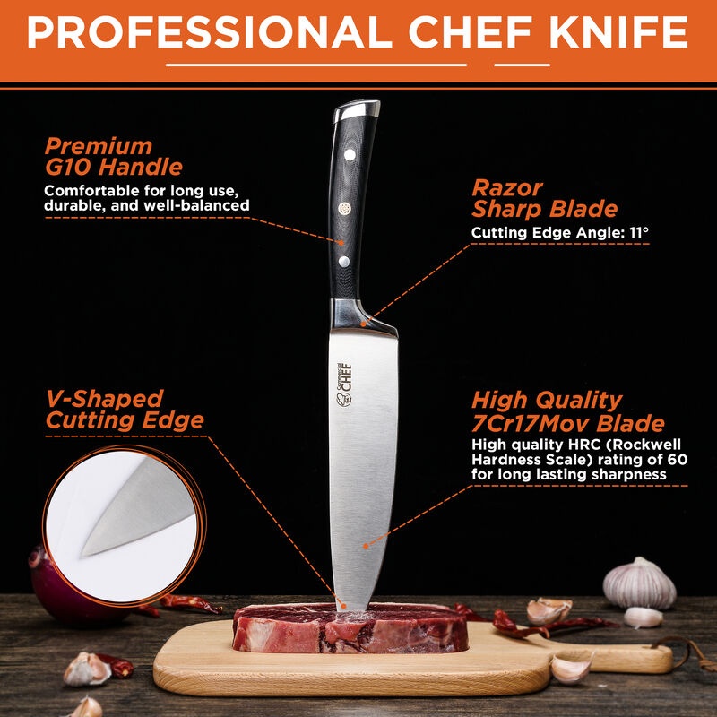 Commercial Chef Pro Chef Knife 8 inch Blade with Triple Rivet Ergonomic G10 Handle with Knife Sharpener - 7Cr17Mov High Carbon Stainless Steel Forged Chef's Knife Razor Sharp Full Tang Sharp