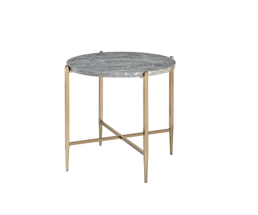 ACME Tainte End Table, Faux Marble & Champagne Finish