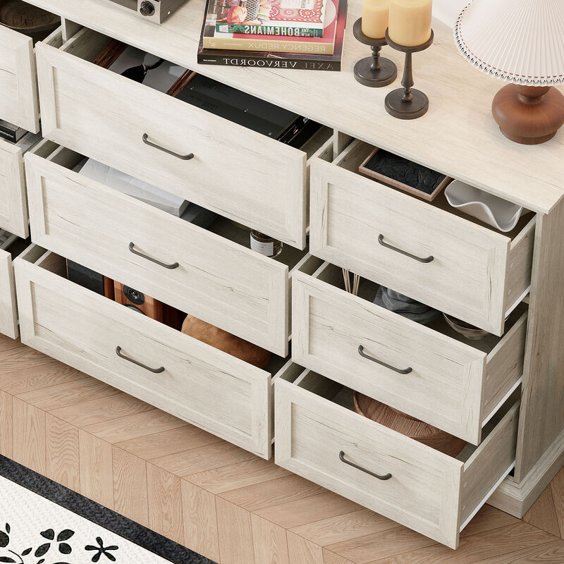 FUFU&GAGA 9-Drawer Dresser, Large Wooden Storage Chest with Black Metal Handles, for Bedroom & Living Room,(70.9" W x 37" H x 15.7" D),Rustic White
