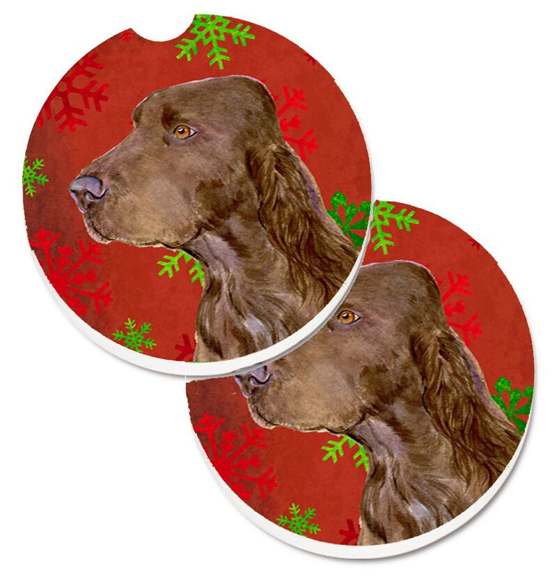 Caroline's Treasures Field Spaniel Red & green Snowflakes Holiday Christmas Set of 2 Cup Holder Car Coasters SS4732CARC, 2.56, Multicolor image number 0