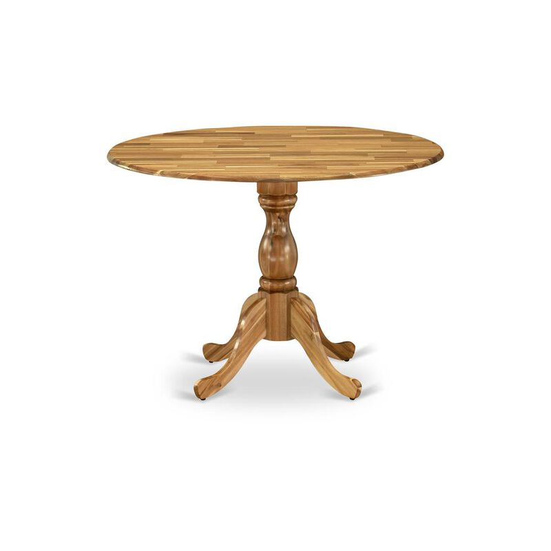 Round Modern Dining Table Natural Acacia Color Table Top Surface and Asian Wood Modern Dining Table Pedestal Legs -Natural Acacia Finish